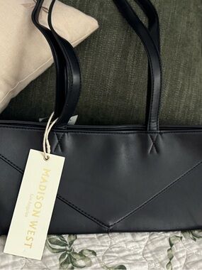 Madison West Black Women's Shoulder Tote with Geometric Stitching NWT